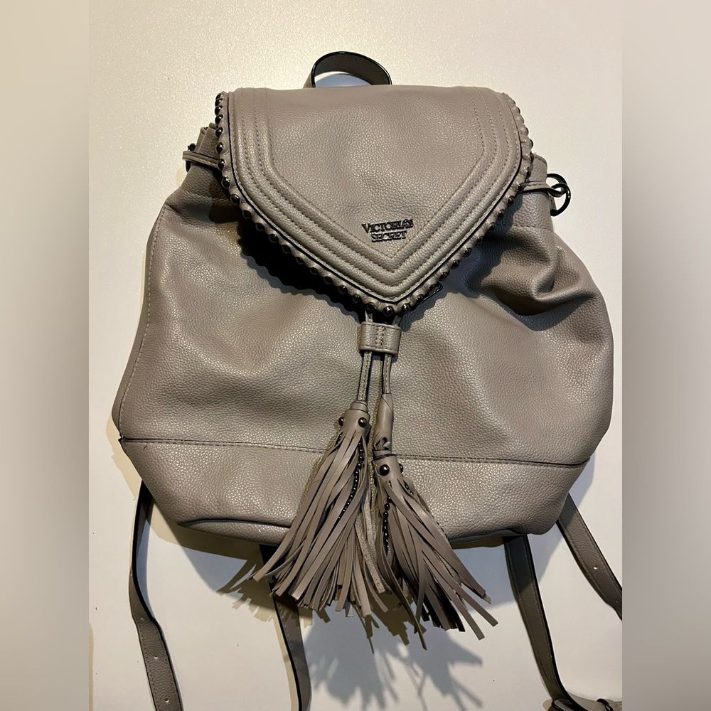 Victoria's Secret Gray Faux Leather Drawstring Backpack Studded Tassel Flap